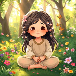 A whimsical illustration of a young child with a peaceful expression, sitting cross-legged in a serene garden surrounded by nature