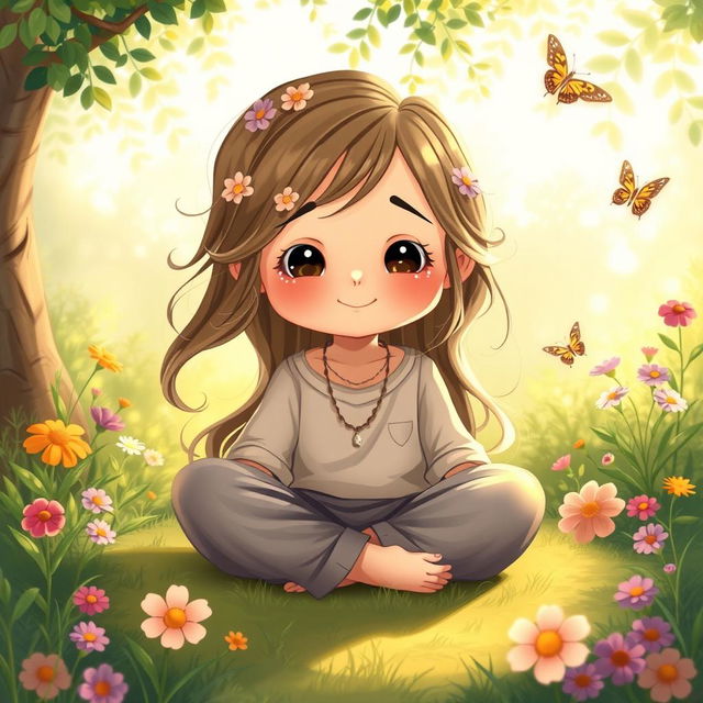 A whimsical illustration of a young child with a peaceful expression, sitting cross-legged in a serene garden surrounded by nature