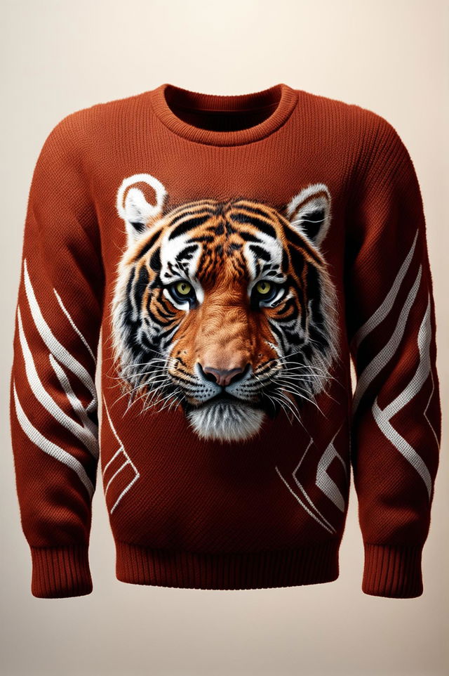 A high-resolution 3D rendered image of a Lemaire-inspired alpaca hair crewneck sweater featuring a tiger print