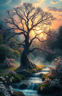 A surreal portrayal of life cycles, showing the transition from life to death and then rebirth