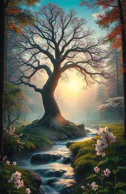 A surreal portrayal of life cycles, showing the transition from life to death and then rebirth