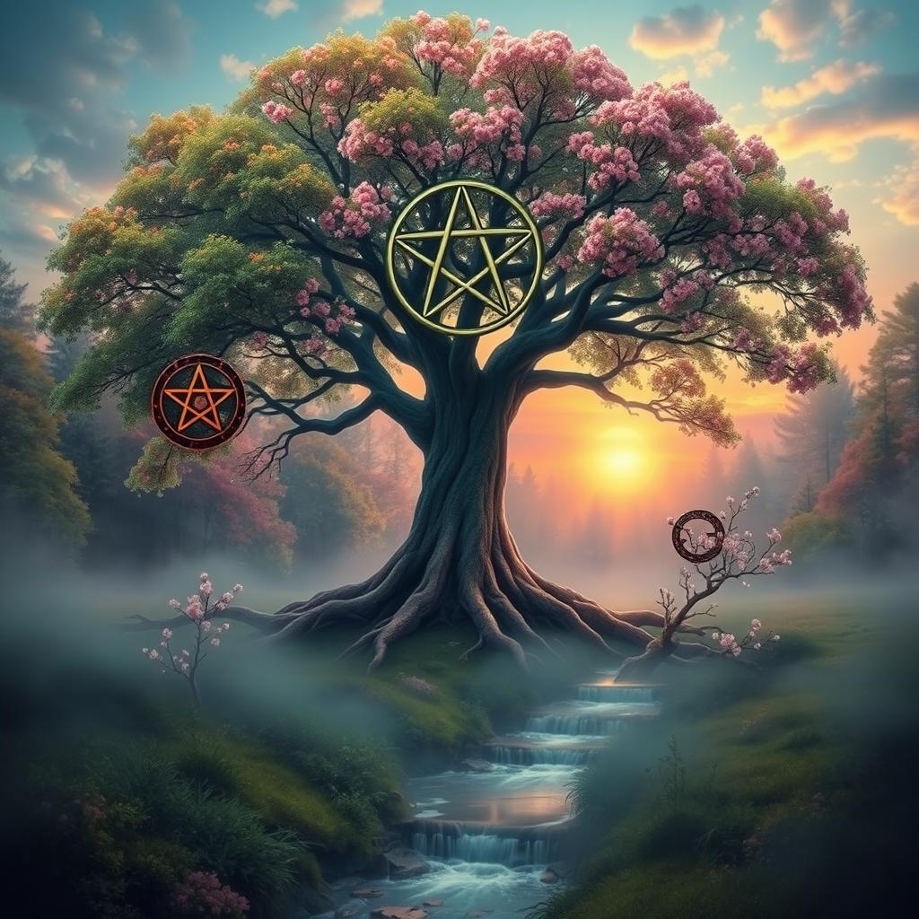 A surreal portrayal of life cycles, showing the transition from life to death and then rebirth, enhanced with Wiccan symbols