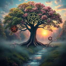 A surreal portrayal of life cycles, showing the transition from life to death and then rebirth, enhanced with Wiccan symbols