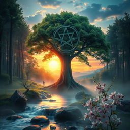 A surreal portrayal of life cycles, showing the transition from life to death and then rebirth, enhanced with Wiccan symbols