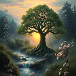 A surreal portrayal of life cycles, showing the transition from life to death and then rebirth, enhanced with Wiccan symbols