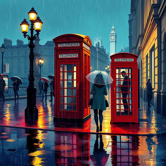 A beautifully illustrated scene of rainy streets in London at night, capturing the glistening reflections on wet pavements and the iconic architecture