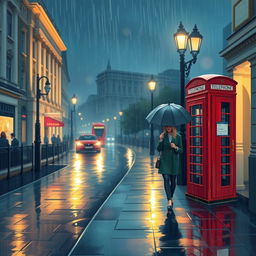 A beautifully illustrated scene of rainy streets in London at night, capturing the glistening reflections on wet pavements and the iconic architecture