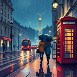 A beautifully illustrated scene of rainy streets in London at night, capturing the glistening reflections on wet pavements and the iconic architecture