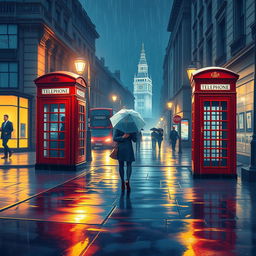 A beautifully illustrated scene of rainy streets in London at night, capturing the glistening reflections on wet pavements and the iconic architecture