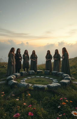 A surreal landscape depicting the cycle of life and death, with a subtle pagan circle created from stones in the foreground