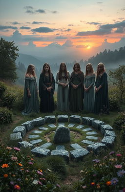 A surreal landscape depicting the cycle of life and death, with a subtle pagan circle created from stones in the foreground