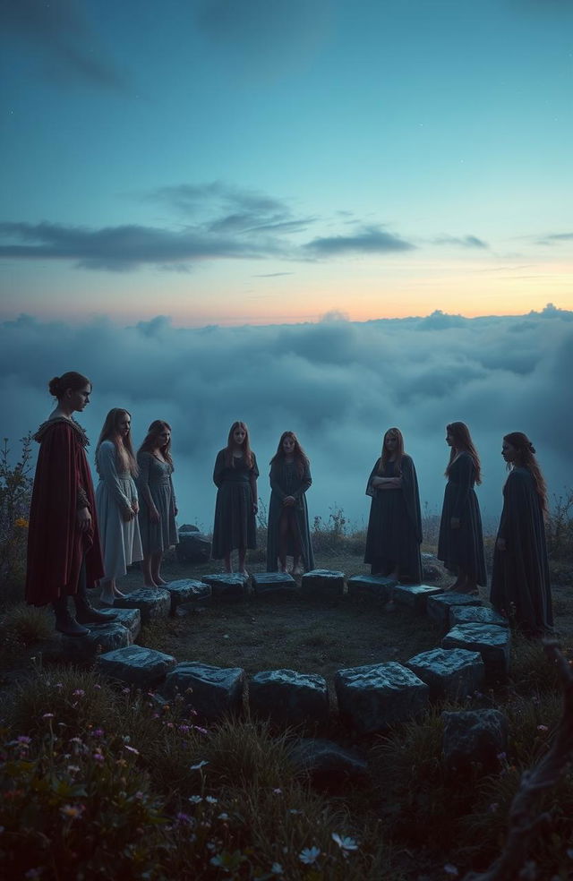 A surreal landscape depicting the cycle of life and death, with a subtle pagan circle created from stones in the foreground