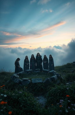 A surreal landscape depicting the cycle of life and death, with a subtle pagan circle created from stones in the foreground