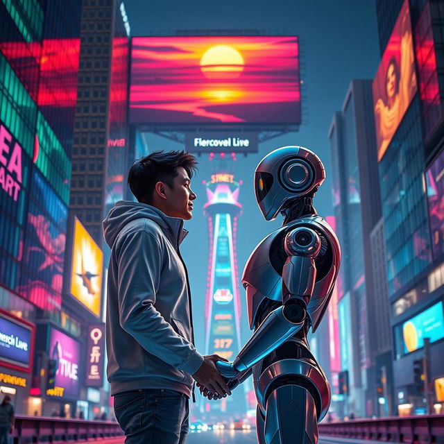 A futuristic, heartwarming scene depicting a romantic relationship between a human and a sophisticated humanoid robot