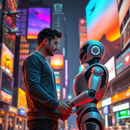 A futuristic, heartwarming scene depicting a romantic relationship between a human and a sophisticated humanoid robot