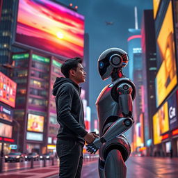 A futuristic, heartwarming scene depicting a romantic relationship between a human and a sophisticated humanoid robot