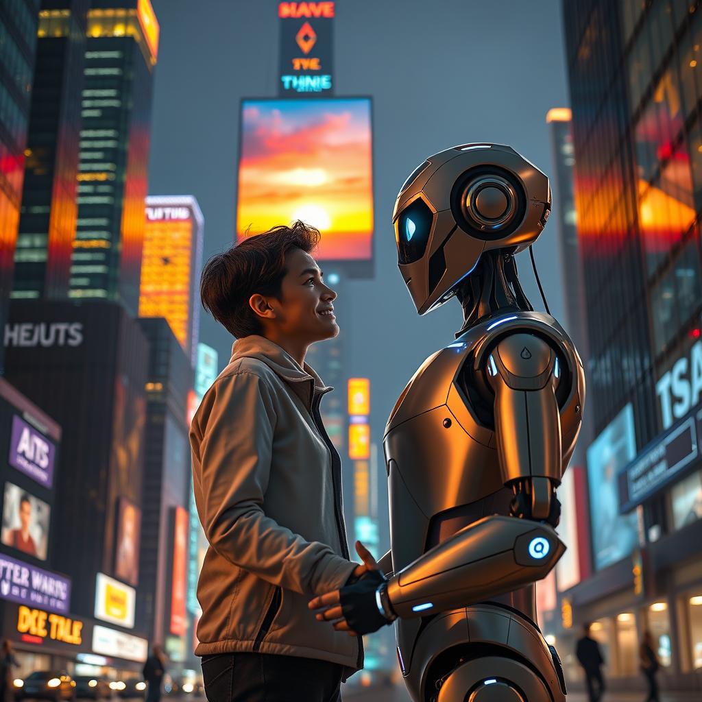 A futuristic, heartwarming scene depicting a romantic relationship between a human and a sophisticated humanoid robot