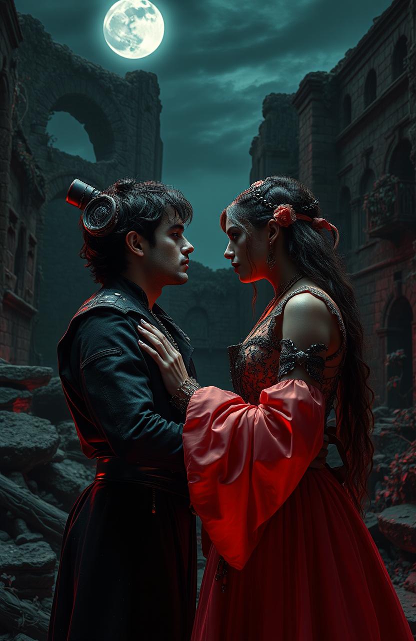 A dramatic reinterpretation of Romeo and Juliet set in a dark futuristic landscape, where the star-crossed lovers are dressed in elaborate, post-apocalyptic fashion reminiscent of Ava Reid and the gritty aesthetics of Macbeth