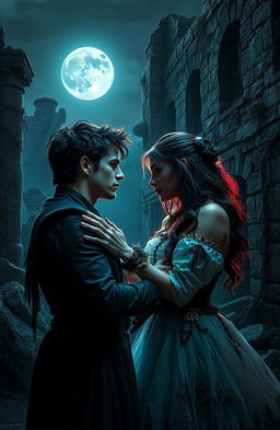A dramatic reinterpretation of Romeo and Juliet set in a dark futuristic landscape, where the star-crossed lovers are dressed in elaborate, post-apocalyptic fashion reminiscent of Ava Reid and the gritty aesthetics of Macbeth