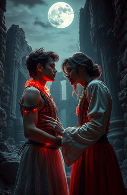 A dramatic reinterpretation of Romeo and Juliet set in a dark futuristic landscape, where the star-crossed lovers are dressed in elaborate, post-apocalyptic fashion reminiscent of Ava Reid and the gritty aesthetics of Macbeth