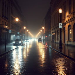 An artistic depiction of a rain-soaked street in London at night, completely devoid of cars and people, enveloped in thick fog