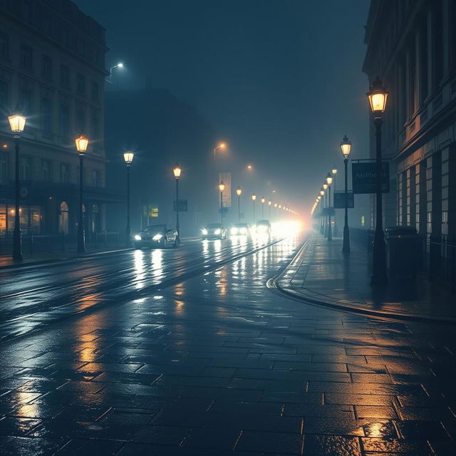 An artistic depiction of a rain-soaked street in London at night, completely devoid of cars and people, enveloped in thick fog