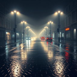 An artistic depiction of a rain-soaked street in London at night, completely devoid of cars and people, enveloped in thick fog