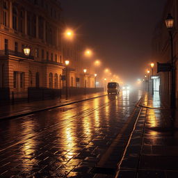 An artistic depiction of a rain-soaked street in London at night, completely devoid of cars and people, enveloped in thick fog