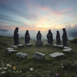 A surreal landscape portraying the cycle of life and death, capturing the theme of rebirth