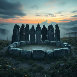 A surreal landscape portraying the cycle of life and death, capturing the theme of rebirth