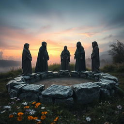 A surreal landscape portraying the cycle of life and death, capturing the theme of rebirth