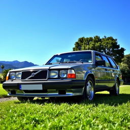 A stunning Volvo 940 Turbo, sleek and classic, parked under a clear blue sky