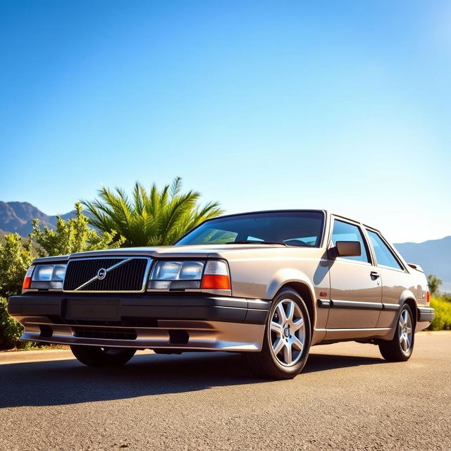 A stunning Volvo 940 Turbo, sleek and classic, parked under a clear blue sky