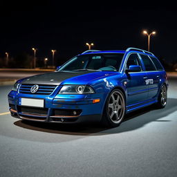A blue 2001 widebody VW Passat R36 wagon drift car parked at night, shown from a higher 3/4 front view to emphasize the carbon hood