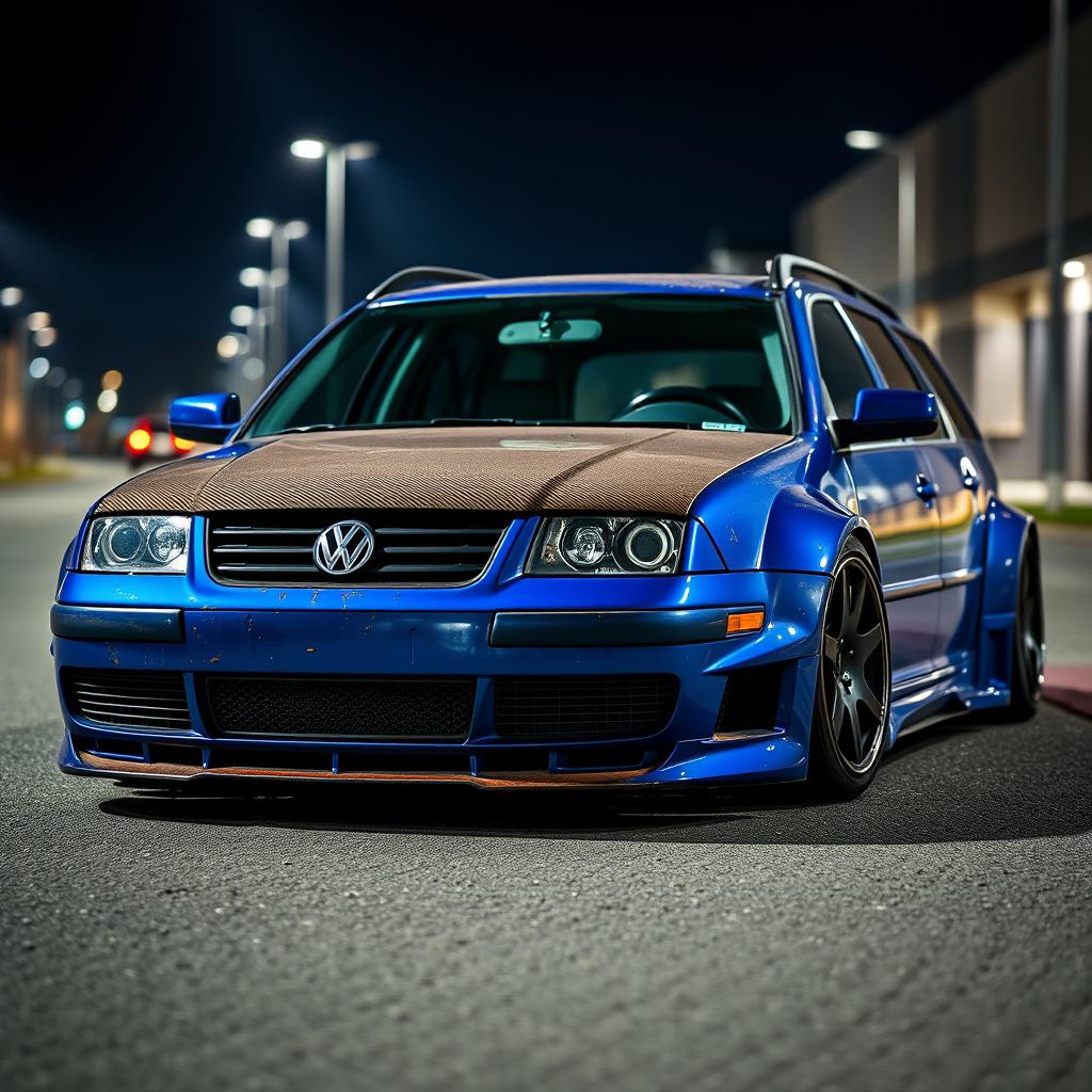 A blue 2001 widebody VW Passat R36 wagon drift car parked at night, shown from a higher 3/4 front view to emphasize the carbon hood