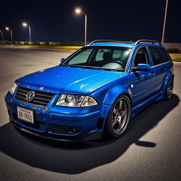 A blue 2001 widebody VW Passat R36 wagon drift car parked at night, shown from a higher 3/4 front view to emphasize the carbon hood
