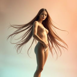 A beautiful young woman with long flowing hair, standing confidently in an artistic pose surrounded by an ethereal background of soft pastel colors