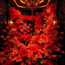 A dazzling room filled with vibrant red golden flowers, featuring an elegant black bell theme
