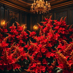 A dazzling room filled with vibrant red golden flowers, featuring an elegant black bell theme
