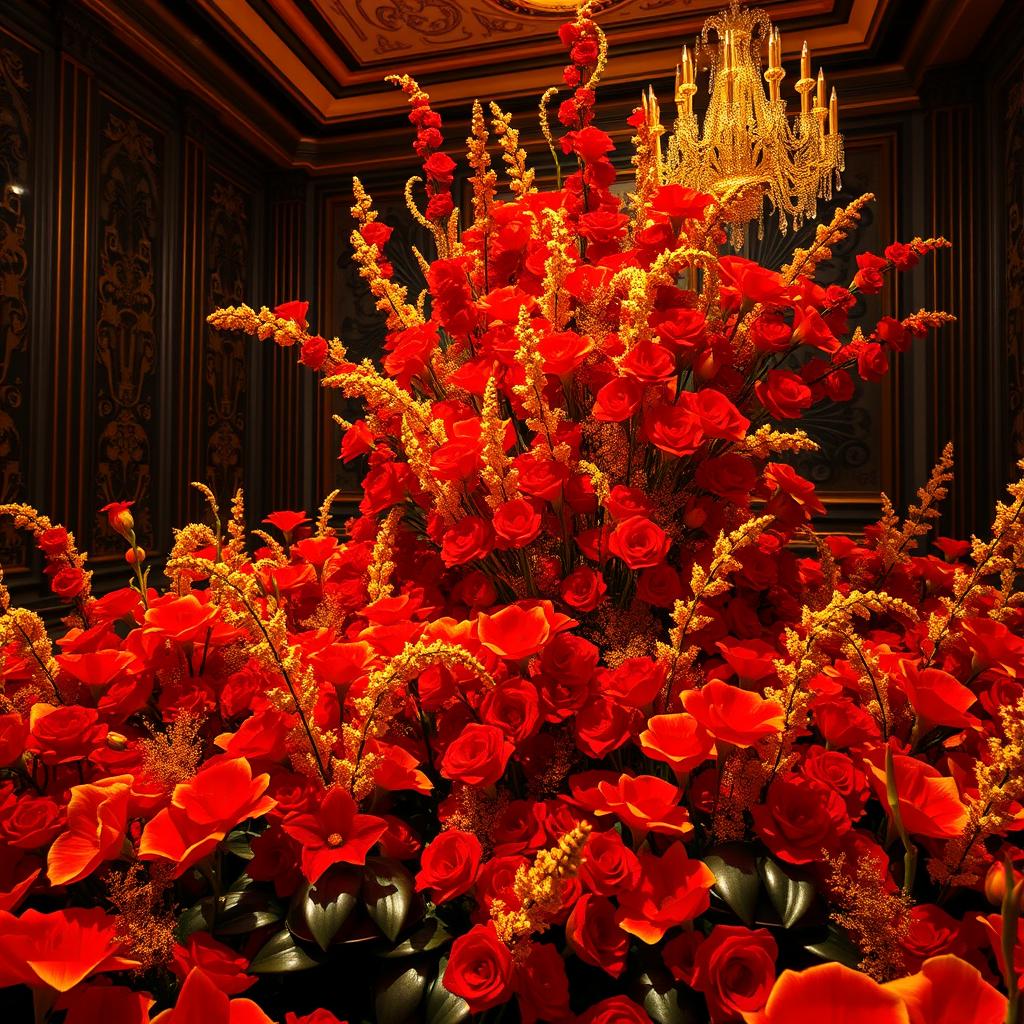 A dazzling room filled with vibrant red golden flowers, featuring an elegant black bell theme