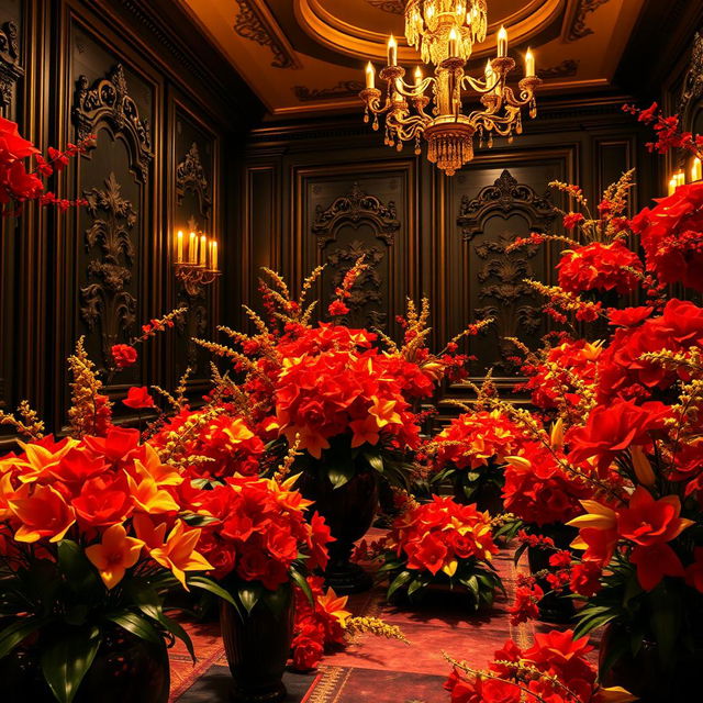 A dazzling room filled with vibrant red golden flowers, featuring an elegant black bell theme