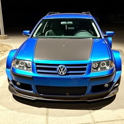 A striking blue 2001 widebody VW Passat R36 wagon styled as a drift car, featuring a sleek carbon hood and aggressive aerodynamic modifications