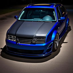 A striking blue 2001 widebody VW Passat R36 wagon styled as a drift car, featuring a sleek carbon hood and aggressive aerodynamic modifications