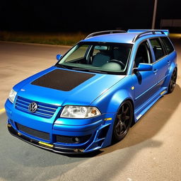 A striking blue 2001 widebody VW Passat R36 wagon styled as a drift car, featuring a sleek carbon hood and aggressive aerodynamic modifications