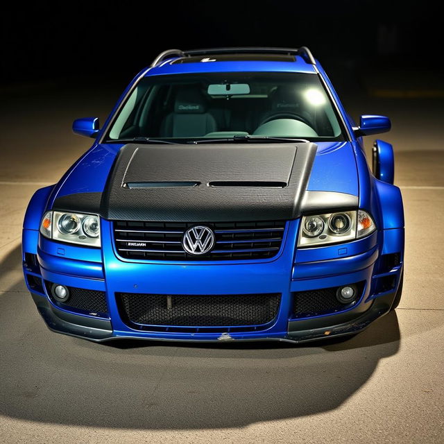 A striking blue 2001 widebody VW Passat R36 wagon styled as a drift car, featuring a sleek carbon hood and aggressive aerodynamic modifications