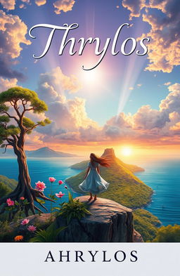 A captivating book cover depicting a mystical island named Thrylos, surrounded by tranquil blue waters and lush green landscapes