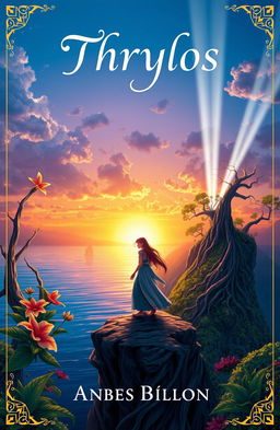 A captivating book cover depicting a mystical island named Thrylos, surrounded by tranquil blue waters and lush green landscapes