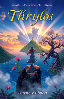 A captivating book cover depicting a mystical island named Thrylos, surrounded by tranquil blue waters and lush green landscapes
