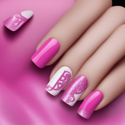 This digital art image presents a unique Barbie-inspired nail design