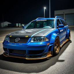 A blue 2001 widebody VW Passat R36 wagon drift car equipped with a carbon hood, showcasing aggressive aerodynamics